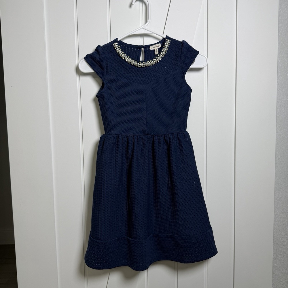 Monteau girl navy blue Dress Size 10 beaded neck sleeveless Party Festive
